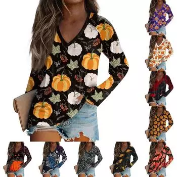 Женская футболка с длинным рукавом и V-образным вырезом с принтом на Хэллоуин, повседневные базовые топы XXL имбирный