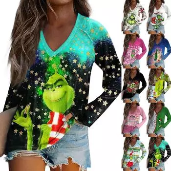 Женская футболка с длинным рукавом и V-образным вырезом с рождественским принтом, повседневные базовые топы XXXL