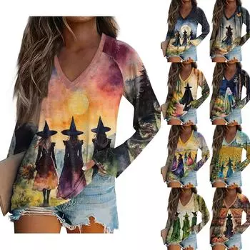 Женская футболка с длинным рукавом и V-образным вырезом с принтом на Хэллоуин, повседневные базовые топы XL