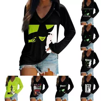 Женская футболка с длинным рукавом и V-образным вырезом с принтом, повседневные базовые топы S зелёный