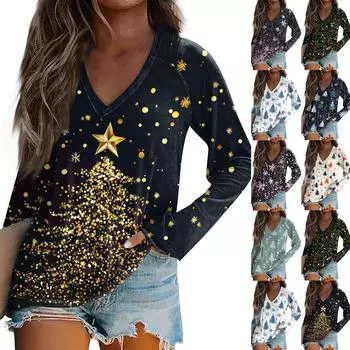 Женская футболка с длинным рукавом и V-образным вырезом с рождественским принтом, повседневные базовые топы XXXL