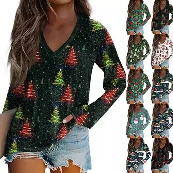 Женская футболка с длинным рукавом и V-образным вырезом с рождественским принтом, повседневные базовые топы L