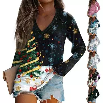 Женская футболка с длинным рукавом и V-образным вырезом с рождественским принтом, повседневные базовые топы XXL розовый