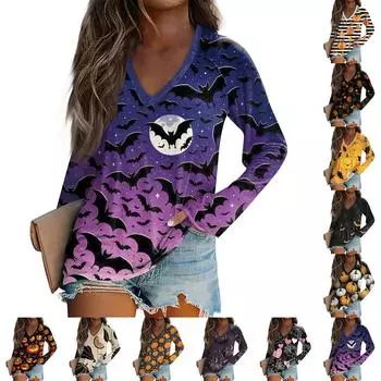 Женская футболка с длинным рукавом и V-образным вырезом с принтом на Хэллоуин, повседневные базовые топы XXXL чёрный