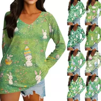 Женская футболка с длинным рукавом и V-образным вырезом с пасхальным принтом Повседневный комфортный топ XL