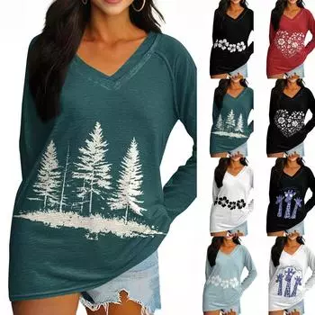 Женская футболка с длинным рукавом и V-образным вырезом с пасхальным принтом Повседневный комфортный топ L синий