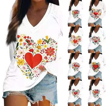 Женская футболка с длинным рукавом и V-образным вырезом с пасхальным принтом Повседневный комфортный топ S красный