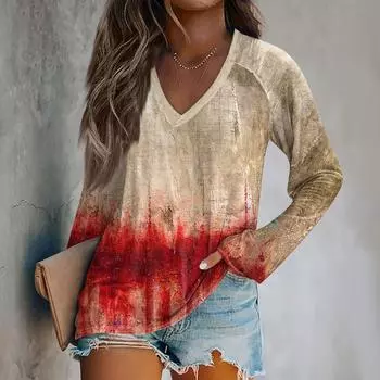 Женская футболка с длинным рукавом и V-образным вырезом с принтом на Хэллоуин, повседневные базовые топы XXL