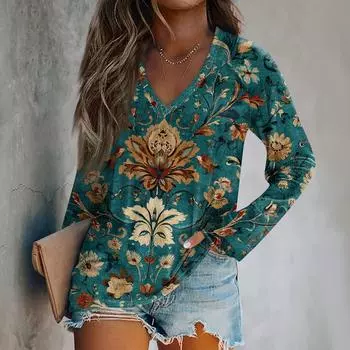 Женская футболка с длинным рукавом и винтажным принтом, повседневная футболка XXL тёмно-синий