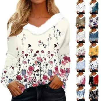 Женская футболка с длинным рукавом и винтажным принтом, флисовый воротник, топ с V-образным вырезом XL чёрный