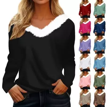 Женская футболка с длинным рукавом и винтажным принтом, флисовый воротник, топ с V-образным вырезом XL