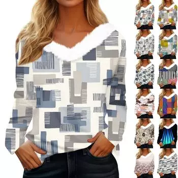Женская футболка с длинным рукавом и винтажным принтом, флисовый воротник, топ с V-образным вырезом XL
