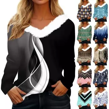 Женская футболка с длинным рукавом и винтажным принтом, флисовый воротник, топ с V-образным вырезом XXXL чёрный