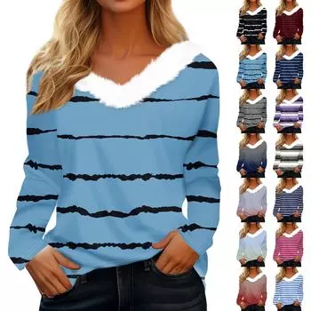 Женская футболка с длинным рукавом и винтажным принтом, флисовый воротник, топ с V-образным вырезом XXXL