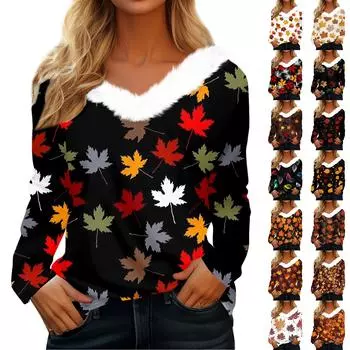 Женская футболка с длинным рукавом и винтажным принтом, флисовый воротник, топ с V-образным вырезом S бежевый