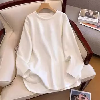 Женская футболка с длинным рукавом и закругленным подолом средней длины для весны, осени и зимы — свободный, облегающий фасон XL