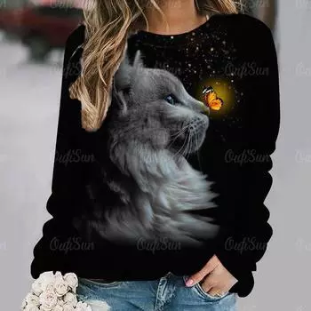 Женская футболка с длинным рукавом Kawaii Cat Графический 3d принт футболки Harajuku Повседневные топы Осенний пуловер с круглым вырезом Женская свободная одежда XS