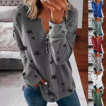 Женская футболка с длинным рукавом на молнии с декором и круглым вырезом, повседневный пуловер со звездным принтом, топ для женщин XL baby голубой