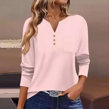 Женская футболка с длинным рукавом на пуговицах, повседневная, выходного дня, модная, базовая, с V-образным вырезом, обычная, с карманом XXL розовый