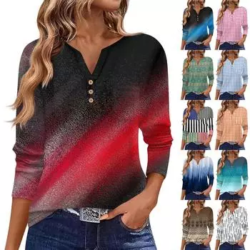 Женская футболка с длинным рукавом на пуговицах, повседневная, выходного дня, модная, базовая, с V-образным вырезом, обычная, с карманом L синий