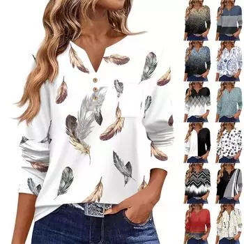 Женская футболка с длинным рукавом на пуговицах, повседневная, выходного дня, модная, базовая, с V-образным вырезом, обычная, с карманом L чёрный