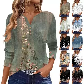 Женская футболка с длинным рукавом на пуговицах, повседневная, выходного дня, модная, базовая, с V-образным вырезом, обычная, с карманом M чёрный