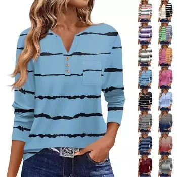 Женская футболка с длинным рукавом на пуговицах, повседневная, выходного дня, модная, базовая, с V-образным вырезом, обычная, с карманом XXL