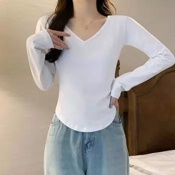 Женская футболка с длинным рукавом, новая, нерегулярная, облегающая, студенческая, повседневная, короткий топ, базовая рубашка для девушек S белый