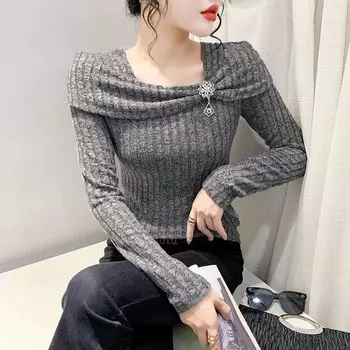 Женская футболка с длинным рукавом, облегающая, осень/зима, полосатая, с квадратным вырезом, пуловер, базовый слой M хаки