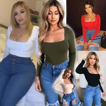 Женская футболка с длинным рукавом, однотонные футболки с квадратным вырезом, длинная футболка, женская футболка, футболка Femme Camiseta Mujer, женская футболка S чёрный