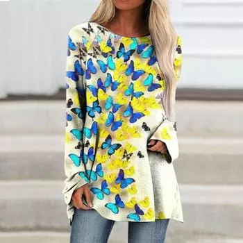 Женская футболка с длинным рукавом, осенне-зимний топ, одежда с 3d принтом бабочки, уличный тренд, женский топ, модная свободная футболка S