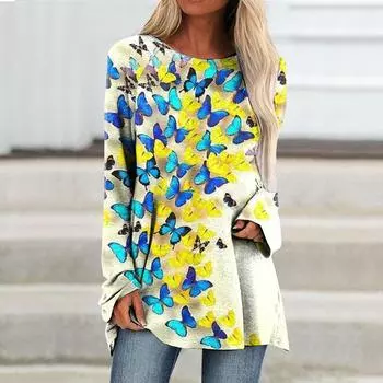 Женская футболка с длинным рукавом, осенне-зимний топ, одежда с 3d принтом бабочки, уличный тренд, женский топ, модная свободная футболка S