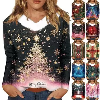 Женская футболка с длинным рукавом, рождественская вечеринка, плюшевый воротник, топ с V-образным вырезом XXXL розовый