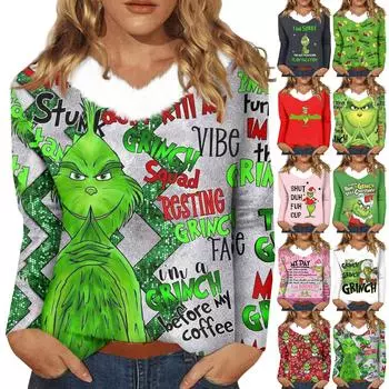 Женская футболка с длинным рукавом, рождественская вечеринка, плюшевый воротник, топ с V-образным вырезом L