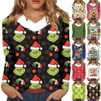 Женская футболка с длинным рукавом, рождественская вечеринка, плюшевый воротник, топ с V-образным вырезом S зелёный