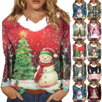 Женская футболка с длинным рукавом, рождественская вечеринка, плюшевый воротник, топ с V-образным вырезом XXL чёрный