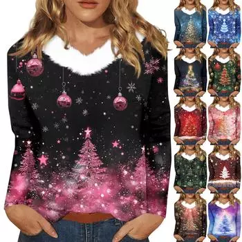 Женская футболка с длинным рукавом, рождественская вечеринка, плюшевый воротник, топ с V-образным вырезом XXL тёмно-синий