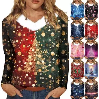 Женская футболка с длинным рукавом, рождественская вечеринка, плюшевый воротник, топ с V-образным вырезом XXL тёмно-синий