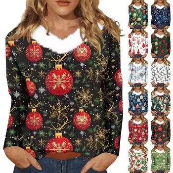 Женская футболка с длинным рукавом, рождественская вечеринка, плюшевый воротник, топ с V-образным вырезом XL чёрный