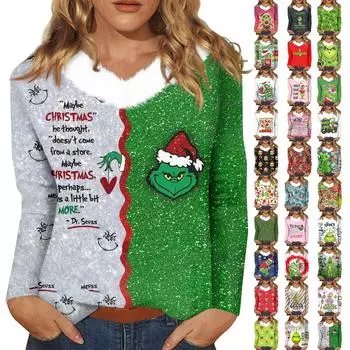 Женская футболка с длинным рукавом, рождественская вечеринка, плюшевый воротник, топ с V-образным вырезом XXL