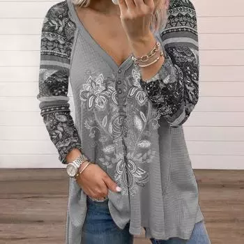 Женская футболка с длинным рукавом с цветочным принтом, винтажные осенние свободные футболки больших размеров с v-образным вырезом S синий