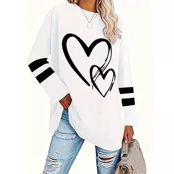 Женская футболка с длинным рукавом, с дизайном в виде сердечек и полосок, топ с круглым вырезом на все сезоны S