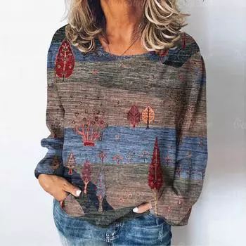 Женская футболка с длинным рукавом с принтом «Природный пейзаж», повседневные женские топы, повседневная свободная одежда, повседневная модная женская футболка в стиле ретро S