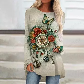 Женская футболка с длинным рукавом с принтом 3D стрекозы и бабочки, женская мода, повседневные свободные топы с круглым вырезом, футболки с изображением животных S