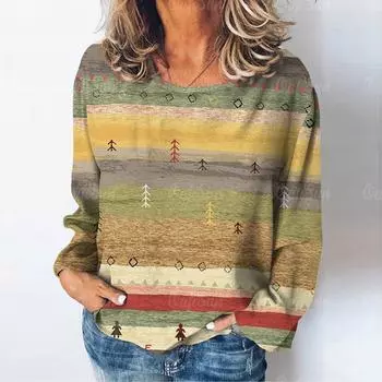 Женская футболка с длинным рукавом с принтом «Природный пейзаж», повседневные женские топы, повседневная свободная одежда, повседневная модная женская футболка в стиле ретро S