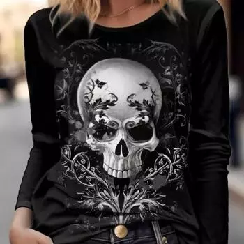 Женская футболка с длинным рукавом с рисунком черепа ужасов, топы, новинка 2023, модный топ с рисунком черепа ужасов, забавный пуловер в стиле Харадзюку S