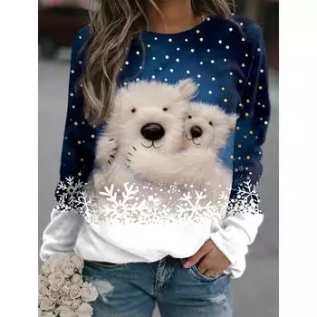 Женская футболка с длинным рукавом с рождественским принтом белого медведя, спортивная, повседневная, симпатичная, из полиэстера, ультратонкая, с круглым вырезом и длинным рукавом S