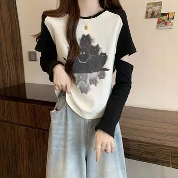 Женская футболка с длинным рукавом с вырезом, весна-осень, мультяшный принт, тонкие повседневные футболки, женские свитера, уличная одежда Y2k, белые топы M