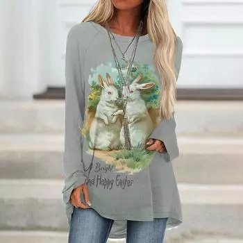 Женская футболка с длинным рукавом с животным принтом, верхняя уличная модная одежда, повседневная футболка с круглым вырезом, свободная женская элегантная футболка L