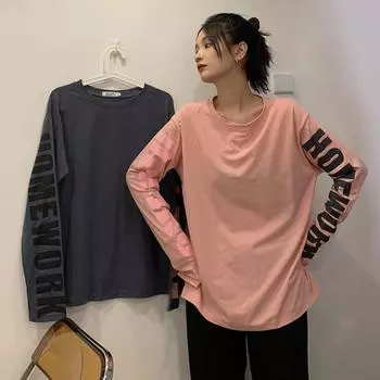 Женская футболка с длинным рукавом, свободный топ с круглым вырезом и буквенным принтом L